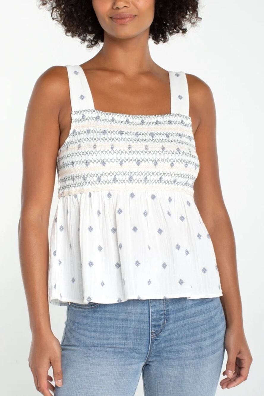 NEW Liverpool Smocked Top White Sleeveless Tank Square Neck Peplum Size L